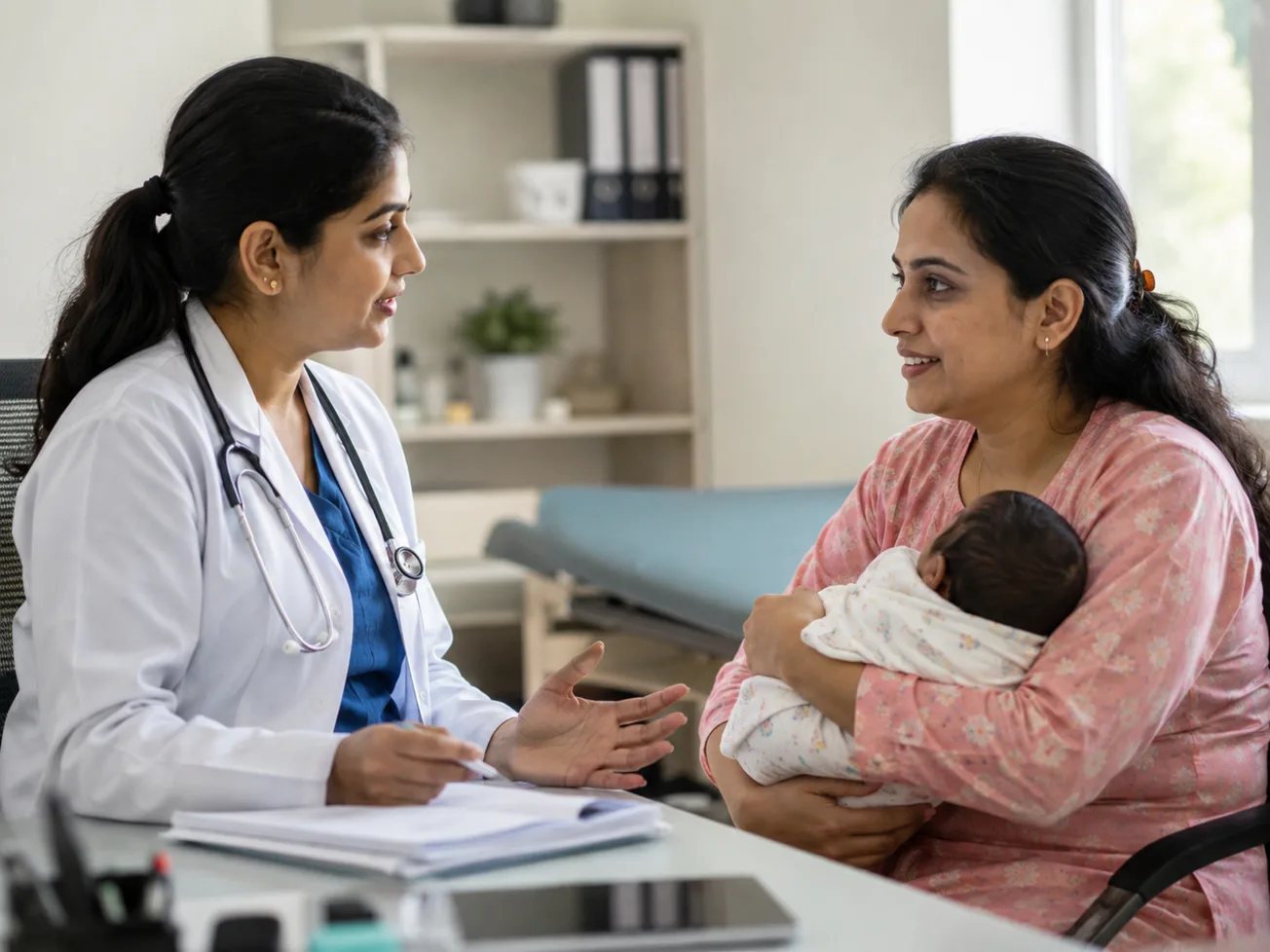 Postnatal guidance consultation for a mother and newborn