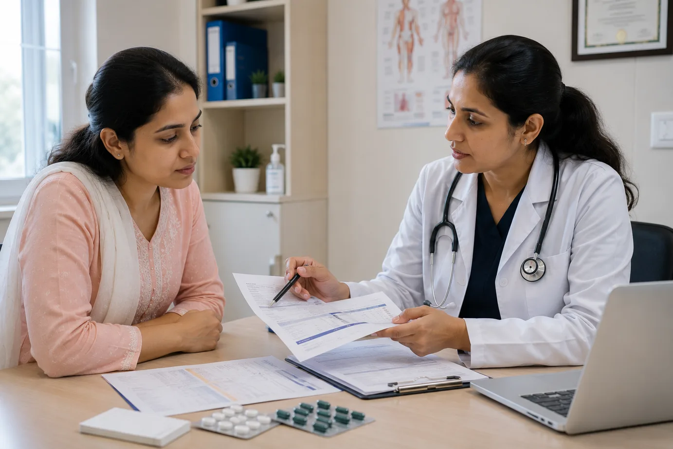 Doctor reviewing medical reports and prescriptions with a patient